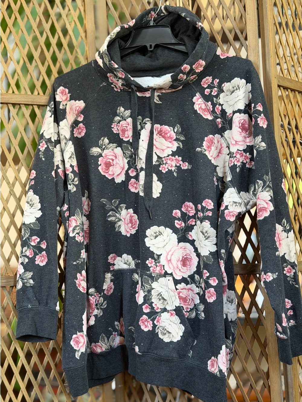 Torrid Black Floral Pullover Hoodie with Pink Roses